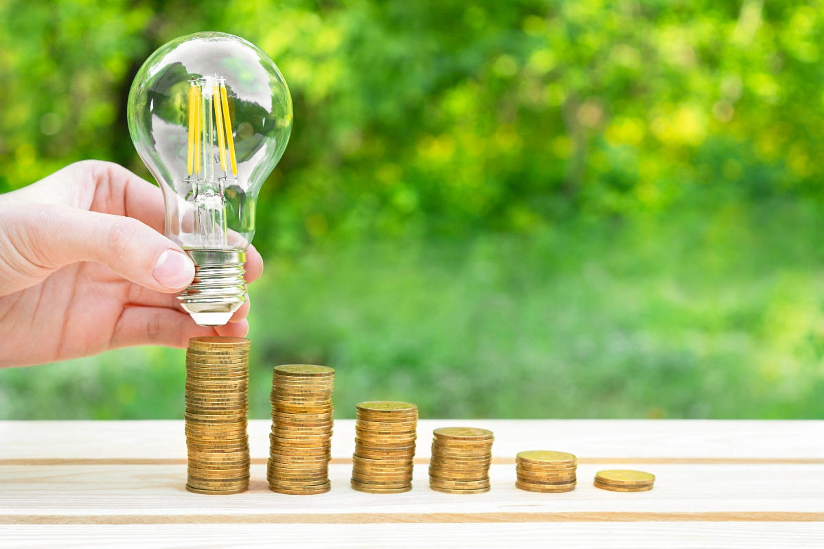 Uma mão segura uma lâmpada sobre moedas